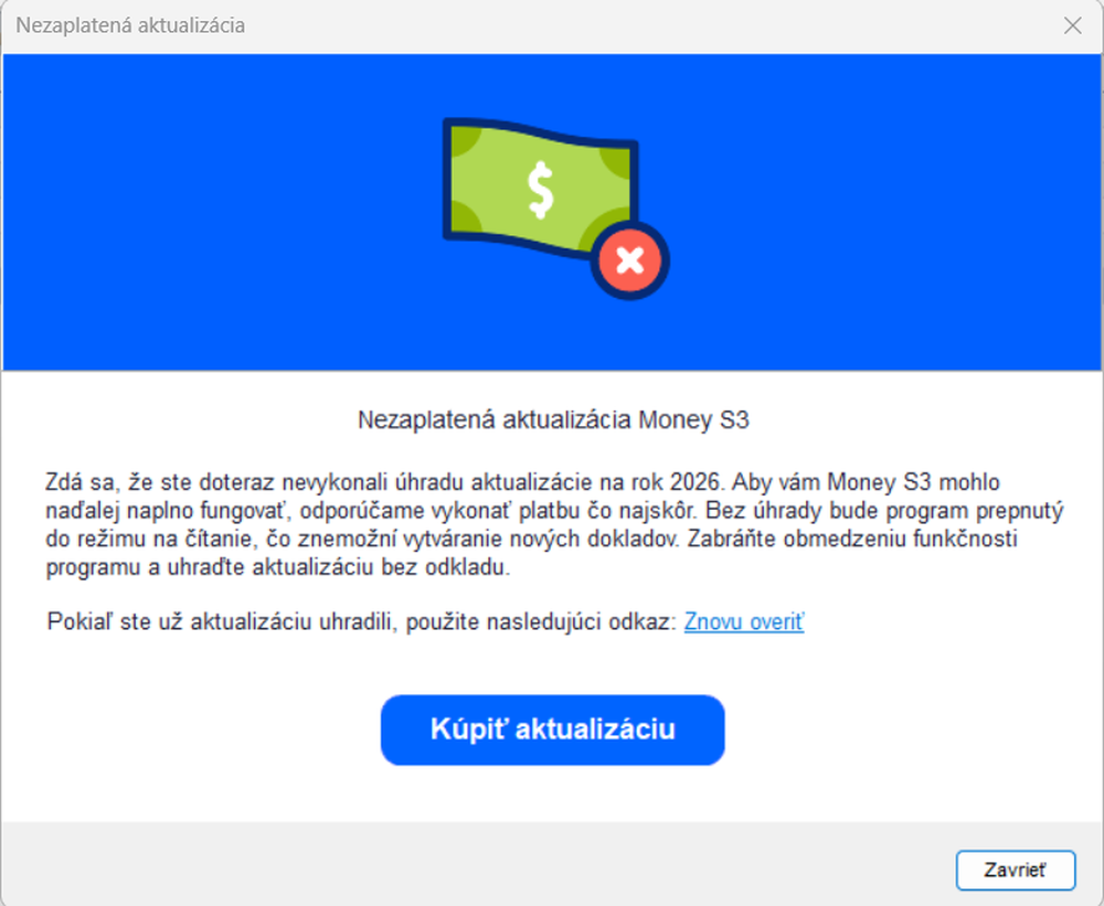 obnova služby aktualizace Money S3