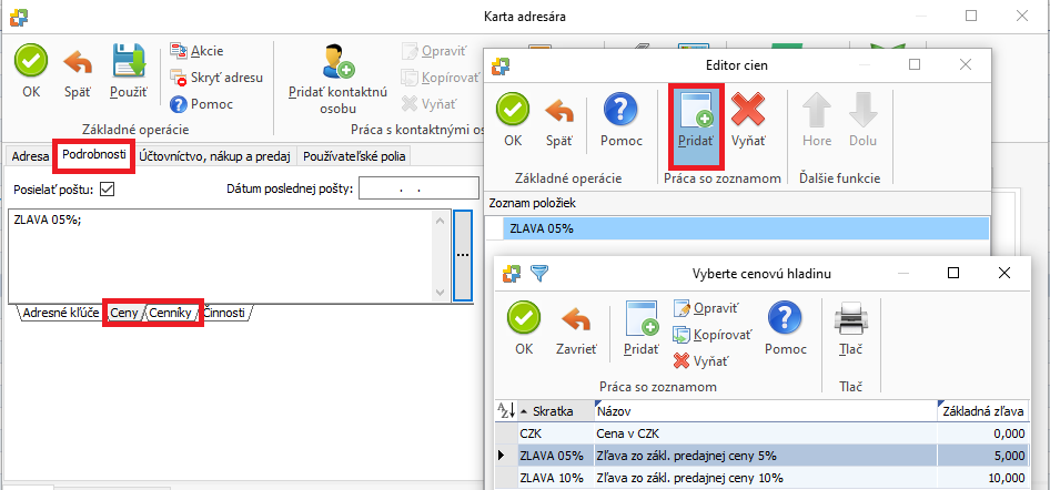 Pridanie cenovej hladiny / cenníka na kartu adresy