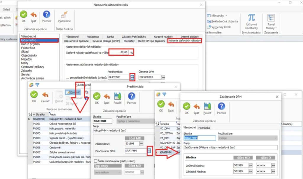 Príklad nastavenia zaúčtovania pre DPH bez nároku na odpočítanie pri PHM.