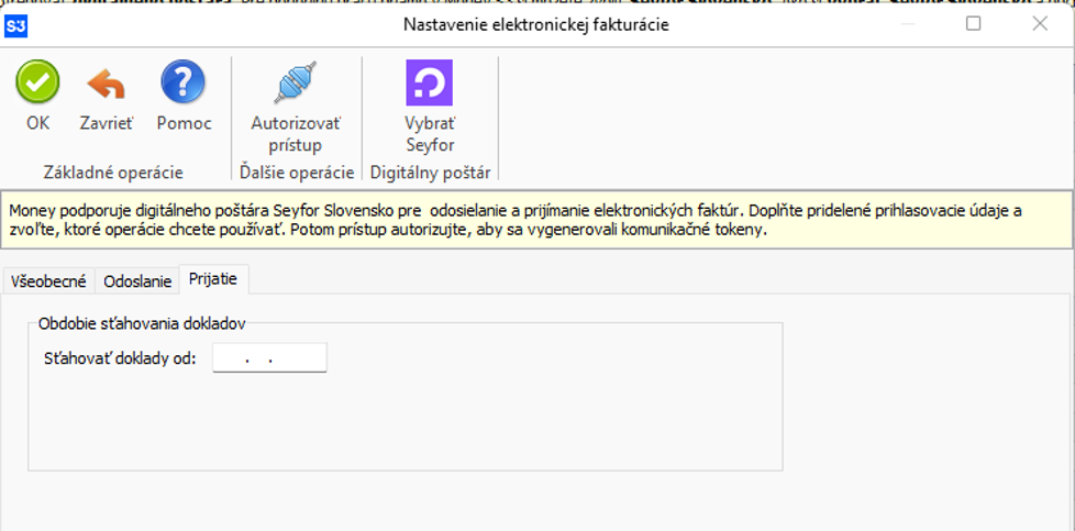 Na záložke Prijatie nastavte dátum, od ktorého sa majú doklady sťahovať od Digitálneho poštára do Inboxu. Po každom sťahovaní sa dátum aktualizuje podľa posledného načítania.
