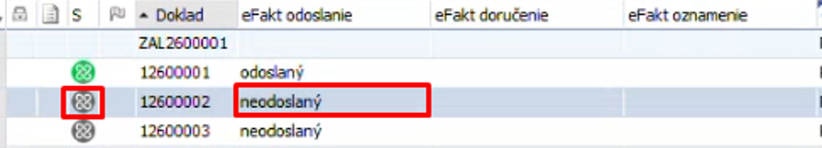 V zozname faktúr je takáto faktúra označená ako neodoslaná (sivá ikona).
